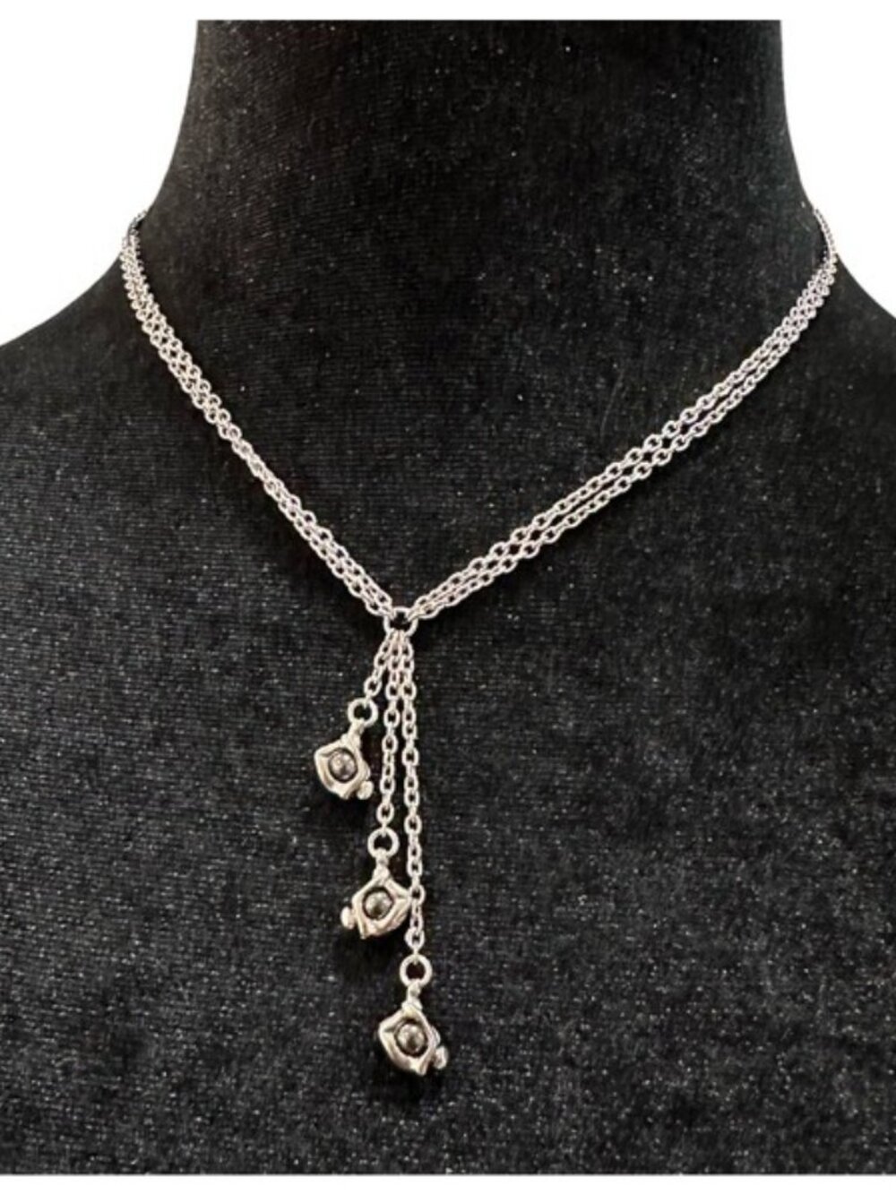 Silver Double Chain Necklace With Dangling Bead Accents